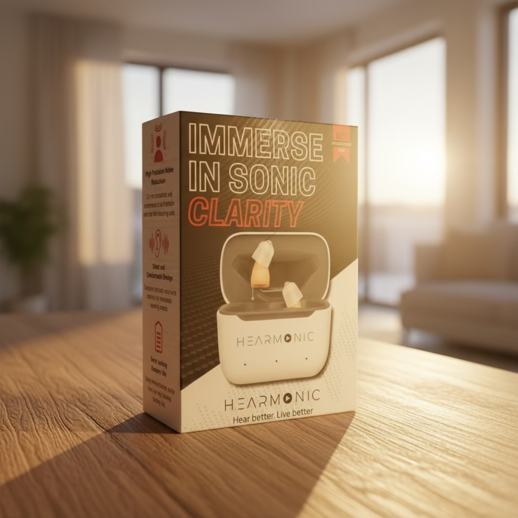 Hearmonic hearing aid packaging with 'Immerse in Sonic Clarity' text on a gray background