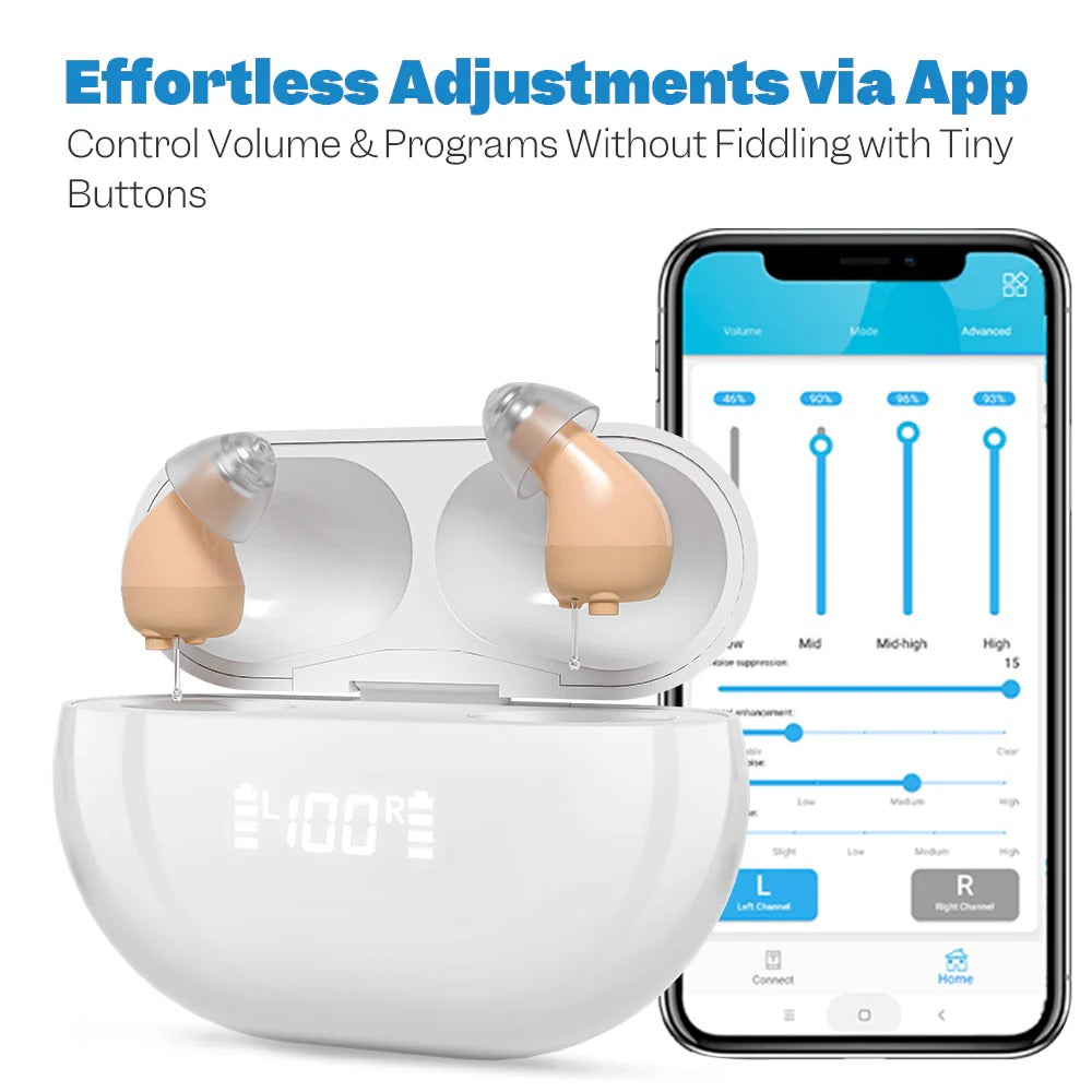 Binaural CIC hearing aids with a smartphone displaying an app for volume and program control.