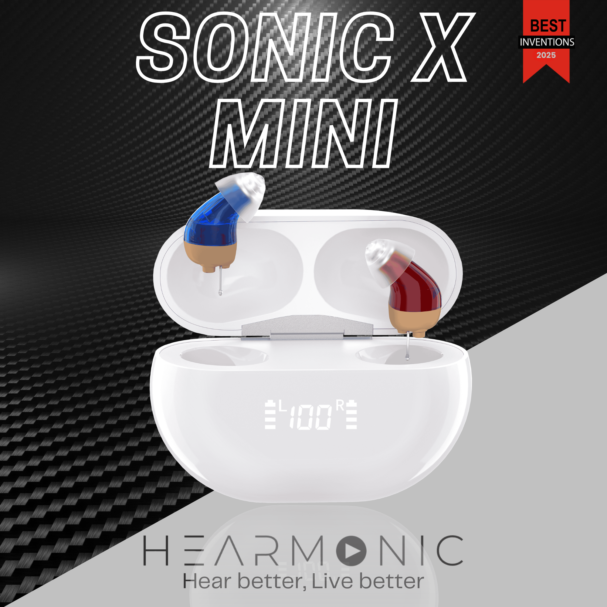White earbud case with 'Sonic X Mini' and 'HEARMONIC' branding on a dark background.